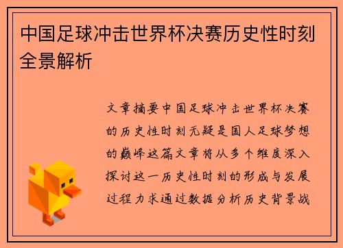 中国足球冲击世界杯决赛历史性时刻全景解析